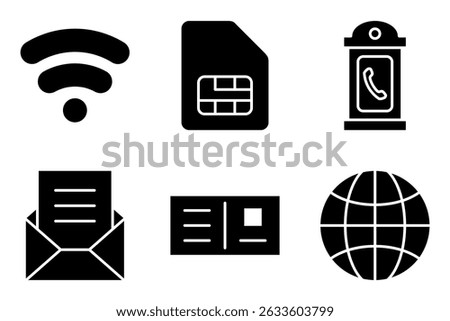 Communication and Connectivity icon set, including  Wi-Fi Signal, SIM Card, Phone Booth, Email, Postcard, internet icons