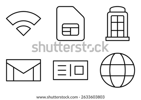 Communication and Connectivity icon set, including  Wi-Fi Signal, SIM Card, Phone Booth, Email, Postcard, internet icons