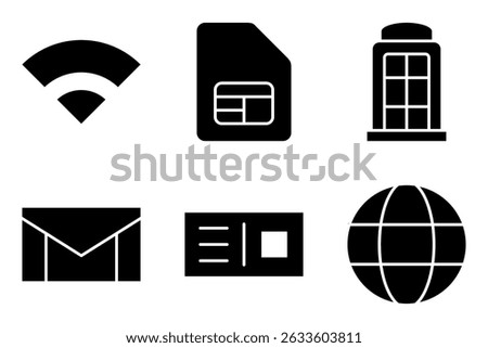 Communication and Connectivity icon set, including  Wi-Fi Signal, SIM Card, Phone Booth, Email, Postcard, internet icons