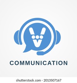 Communication Consultant Telemarketing Operator Customer Service Business Logo Idea with Initial V Letter, Bubble Speech, and Headset