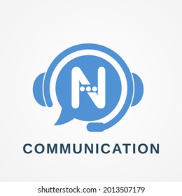 Communication Consultant Telemarketing Operator Customer Service Business Logo Idea with Initial N Letter, Bubble Speech, and Headset