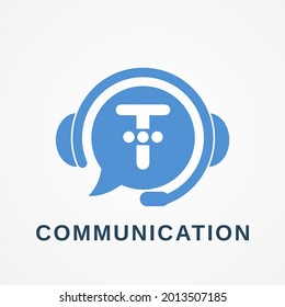 Communication Consultant Telemarketing Operator Customer Service Business Logo Idea with Initial T Letter, Bubble Speech, and Headset