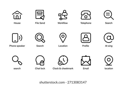 Communication and Contact Icons Set. Messaging tools, location markers, chat bubbles, signals, and essential interaction symbols.