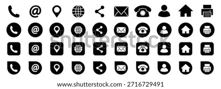 Communication and contact icons set. Phone email chat location and web symbols. Solid black call message and navigation icons. UI signs for customer support website footer app interface and dashboard design