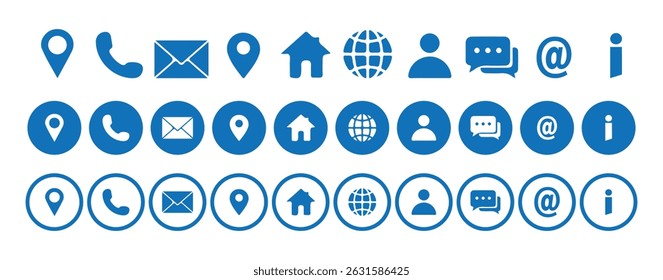 Communication contact information icon. Business card icon set. Phone call, Email, Address, Globe, Mobile, fax, message, location, chat, at, home, more icons collection. vector eps 10