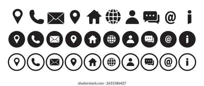 Communication contact information icon. Business card icon set. Phone call, Email, Address, Globe, Mobile, fax, message, location, chat, at, home, more icons collection. vector eps 10