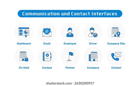 Communication and Contact Interfaces. Sales, Driver, Employee,Contact, Email, Dashboard, Partner Company, On Hold, Site, Company.
