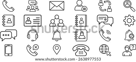 Communication and contact line icon set with phone, email, chat, address book, user profile, bell, location, and customer support illustrations
