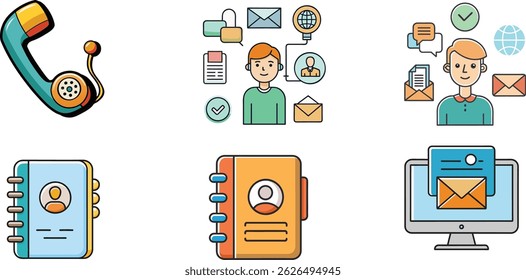 Communication and Contact Management Icon Set – Minimalist Symbols for Telephony, Customer Service, Contact Directories, and Digital Email
