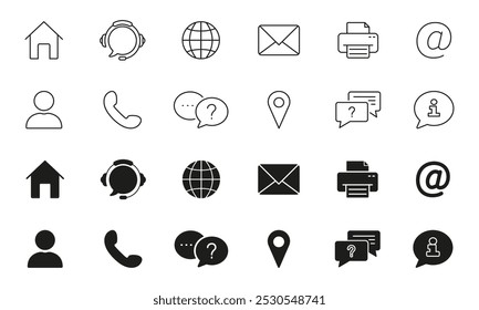 Línea de servicios de comunicación, contacto, Asistencia en línea y conjunto de iconos de silueta. Colección de Símbolos de Correo Electrónico, Teléfono y Locación. Trazo Editable. Dibujado a mano Ilustración vectorial aislada.