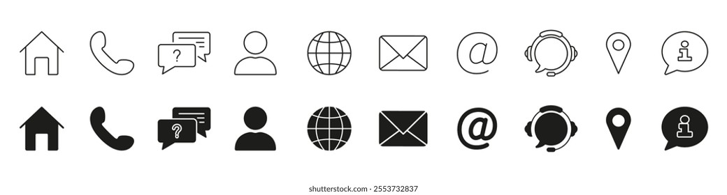 Communication, Contact, and Support Services Line and Silhouette Icon Set. Email, Phone, and Location Symbol Collection. Isolated Vector Illustration.