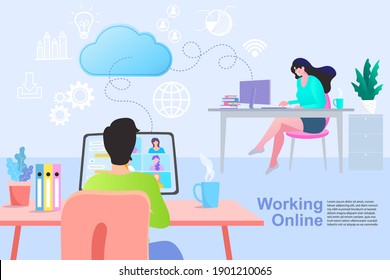 Communication and contemporary marketing. Man and woman connecting and working online together on laptop computer, remote working work from home concept, flat vector illustration.