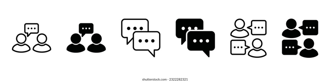 Communication, conversation, dialogue, talking, chatting in line and flat icon collection. People with talk bubble speech icon symbol with editable stroke for apps and websites. Vector illustration