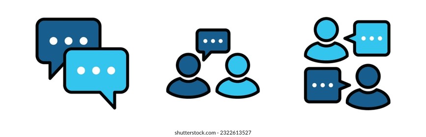 Comunicación, conversación, diálogo, conversación, charla, charla en la colección de iconos de color azul. Gente con símbolo de icono del discurso de burbuja de palabras con trazo editable para aplicaciones y sitios web. Ilustración del vector