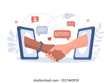 Communication, conversation, and friendship in the Internet vector flat illustration. Hands shaking each other through screens of mobile phones. Dating application, social networking concept.