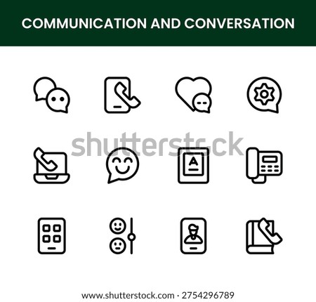 Communication and Conversation icon set. Communication and Conversation Modern Line Icon Pack includes professional minimal vector graphics for speech, interaction, and collaboration.