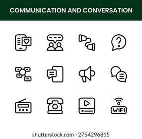 Communication and Conversation icon set. Communication and Conversation Professional Line Icon Set provides modern clean and professional vector illustrations for conversations and communication.
