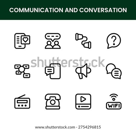 Communication and Conversation icon set. Communication and Conversation Professional Line Icon Set provides modern clean and professional vector illustrations for conversations and communication.