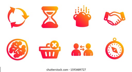 Communication, Cooking hat and Time line icons set. Delete purchase, Walnut and Employees handshake signs. Recycle, Travel compass symbols. Users talking, Chef. Business set. Vector
