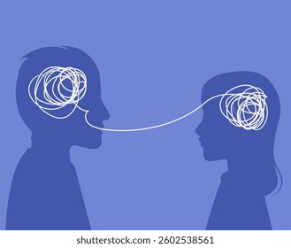 Communication of a couple having problems of understanding vector illustration. Woman and man chatting symbolised with pencil drawing confused concept
