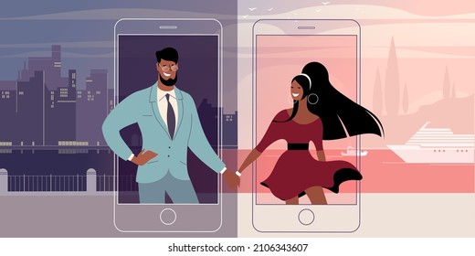 Communication of a couple in love via mobile video chat application under Quarantine conditions and Isolation. Vector illustration for landing page mockup or flat design advertising banner.