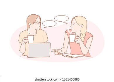 Communication, coworking, friendship concept. Businesswoman communicate with other one. Two girls coworkers on business project in office. Real friendship between two women. Simple flat vector