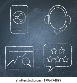 Comunicación con el conjunto de iconos del cliente en la pizarra. Operador de asistencia, medios sociales, búsqueda en línea, revisión y símbolos de retroalimentación. Ilustración vectorial.