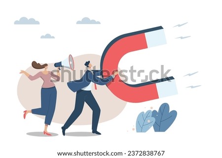 Communication with customers, Important message, Business marketing materials with campaign that attracts customers, Businessman, woman advertising or announcement with megaphone and big magnet.
