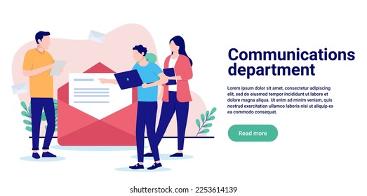 Communication department - People working in front of e-mail envelope. Flat design vector illustration with white background and copy space for text