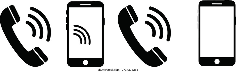 Conjunto de iconos de dispositivos de comunicación para App móviles, interfaz de usuario de telecomunicaciones, Estados de llamadas, gráficos de teléfonos inteligentes y auriculares, trazo editable, estilo mínimo, iconos negros, paquete de Vectores, interfaz digital, indicadores de señal