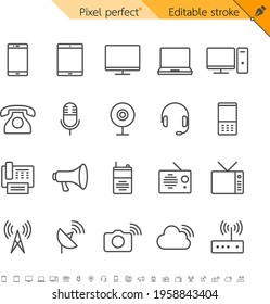 Communication device thin icons. Pixel perfect. Editable stroke.