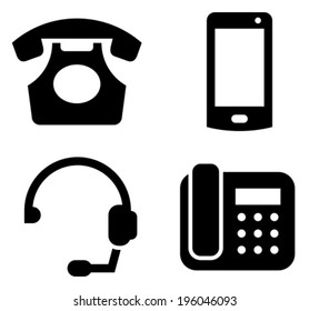 Communication devices icon set - classic telephone, mobile phone, headset and modern phone