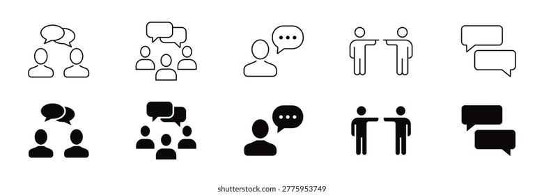 Communication and dialogue icon set showing chat bubbles user interaction discussions and feedback exchanges for social network connectivity and collaborative teamwork dialogue strategy planning. Essential vector symbols for messaging platforms and human connection interfaces.