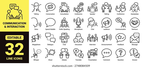 Communication and dialogue icon set with talking, conversation, conferences, microphones, debates, presentations, feedback, and essential communication ranking symbols in clean modern line‑art style