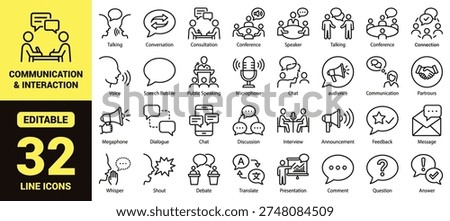 Communication and dialogue icon set with talking, conversation, conferences, microphones, debates, presentations, feedback, and essential communication ranking symbols in clean modern line‑art style