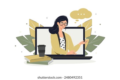 Communication, dialogue, online learning, online forum conversation and internet chat. Teacher, student, devices, laptop, flat illustration, plant. Vector illustration. 