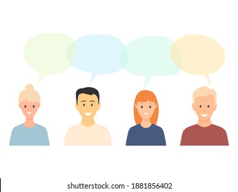 Comunicación de diferentes personas. Hombres y mujeres jóvenes con burbujas de habla. Concepto de discusión. Ilustración vectorial de charla humana.