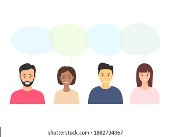 Comunicación de diferentes personas. Hombres y mujeres jóvenes con burbujas de habla. Concepto de discusión. Ilustración vectorial de charla humana.