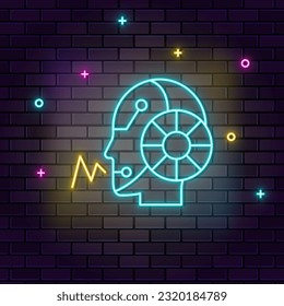Communication, digital, robot, speak icon , neon on wall. Dark background brick wall neon icon.