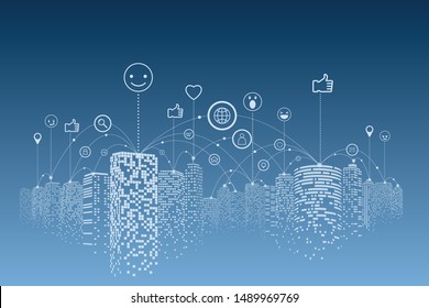 Communication in digital or smart city, Social network connections. Cloud computing. Business technology concept.