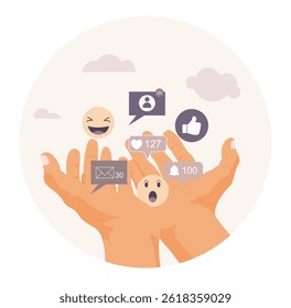 Communication or discussion concept, businessman hand giving speech bubble feedback, opinion to manager. Flat vector modern illustration 