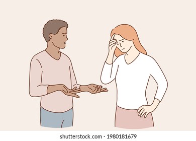 Communication and discussion concept. Young couple of mixed race woman and man standing and talking discussing things chatting about problems communicating vector illustration 