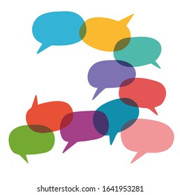 Communication or discussion of people with speech bubbles. Team work in business or casual group of man and woman. Talking and understanding concept. Vector stock illustration outline and colour