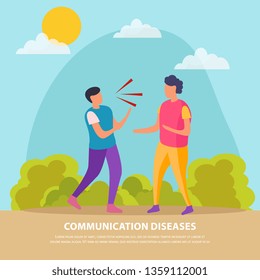Communication diseases flat background illustrated transfer of bacteria through air when people talk vector illustration
