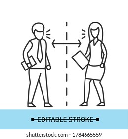 Communication distance icon. Man and woman talking maintaining safe social distance line pictogram. Concept of covid quarantine office conversation recommendations. Editable stroke vector illustration