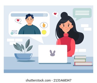 Communication at a distance. A woman calls her boyfriend via video link. Video conference, communication, social networks. Vector illustration