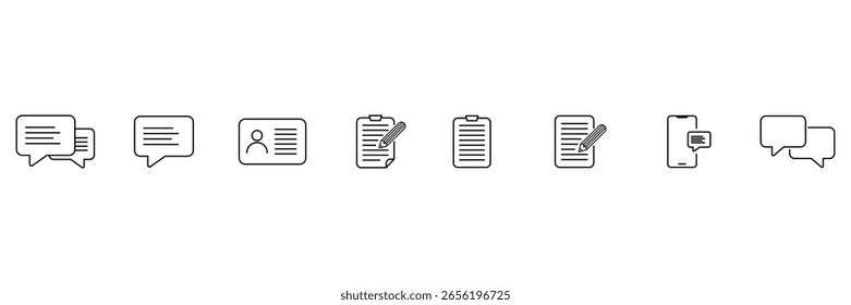 Communication and documentation elements for digital message dialogue form note paper interface symbol vector mobile contact icon illustration set.