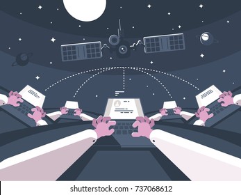 Comunicación y mensajería electrónica. Correspondencia a distancia con portátil. Ilustración del vector