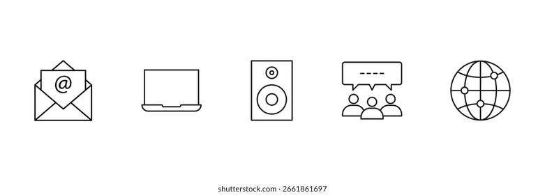 Communication email laptop speaker chat global connection internet media online message network digital discussion interface social web icon set.