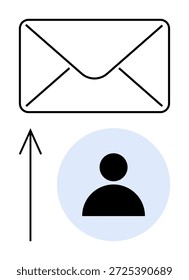 Comunicación, servicios de correo electrónico, interacción con el usuario, redes digitales, mensajería en línea, transferencia de datos. Sobre, flecha hacia arriba e icono de usuario. Servicios de comunicación y correo electrónico